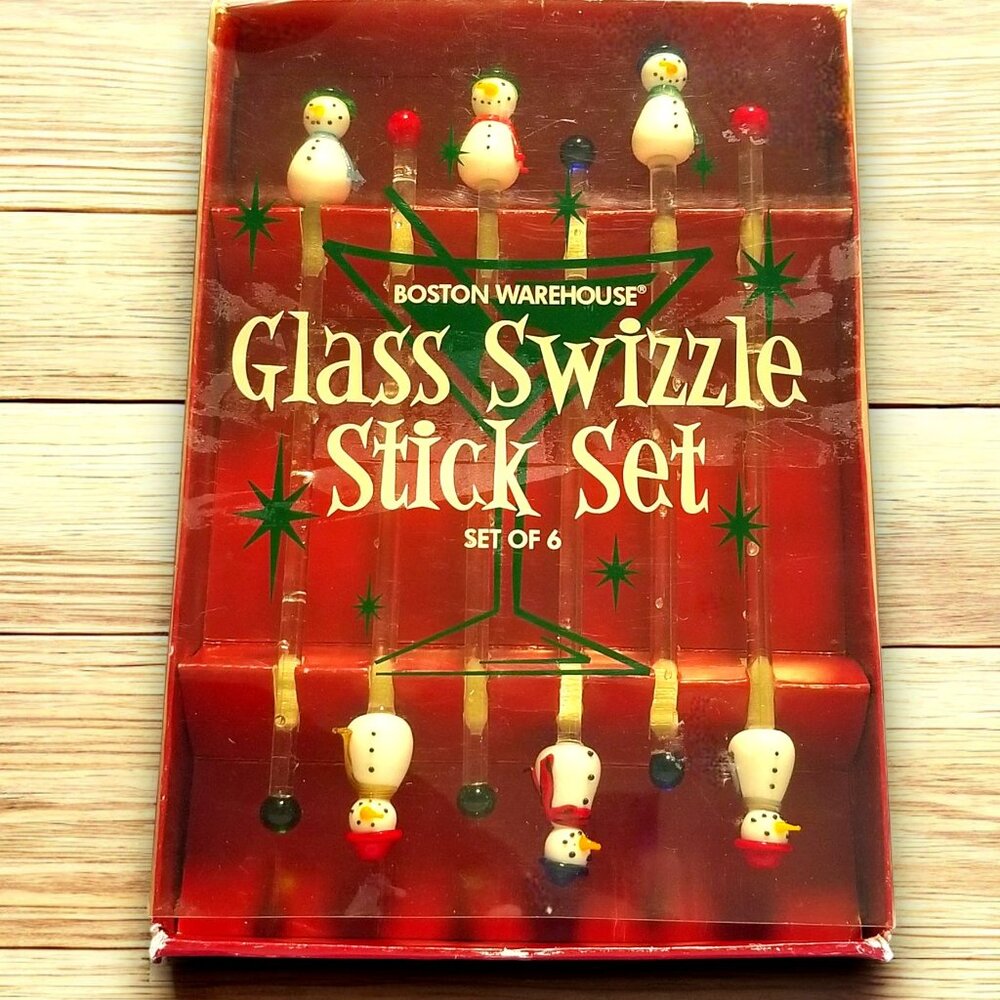 Glass Swizzle Sticks Set-6 Frosty Snowman Holiday's Barware Collection Boston